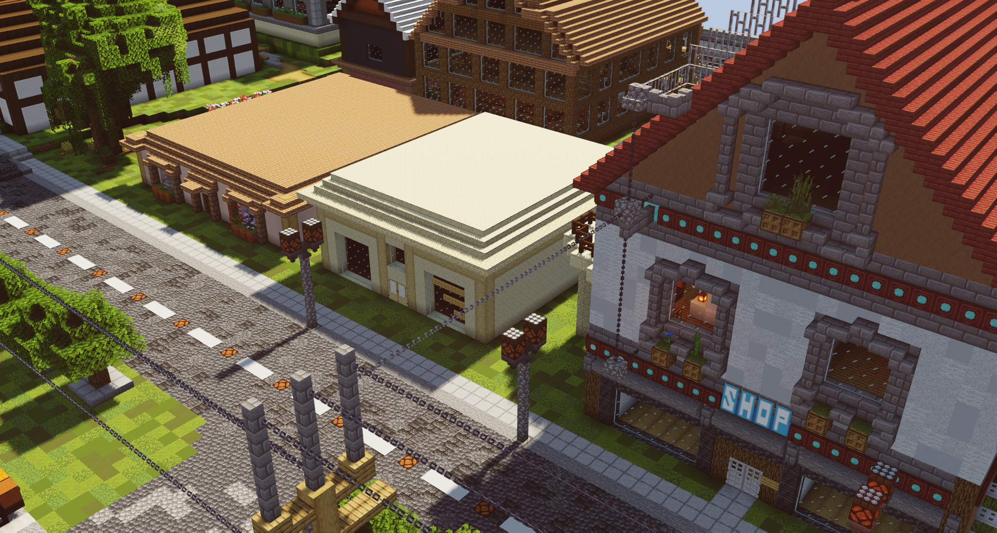 In this scene, a charming town street is depicted, complete with a quaint shop bearing the sign 'SHOP'. The street is crafted from stone bricks, adding a medieval touch to the setting. On the right side of the street, the 'SHOP' building stands out with its unique design, featuring a combination of stone and wood, and a roof adorned with red accents. The building's walls are made of stone, while the roof showcases red bricks, creating a visually appealing contrast.