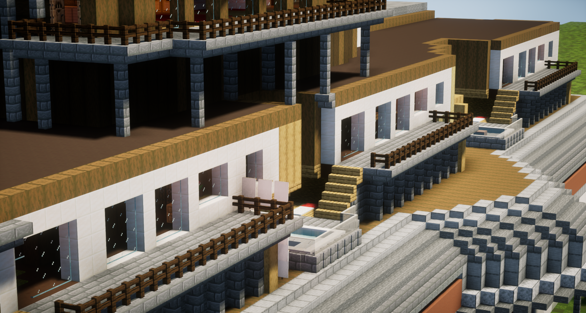 The picture shows several buildings connected by stairs and railings. The buildings are made of different materials and in different styles, including a house with a pitched roof and a building with a white façade and a brown roof. The stairs and railings are made of wood and stone and look very detailed. The scene is shot from a slightly elevated perspective.